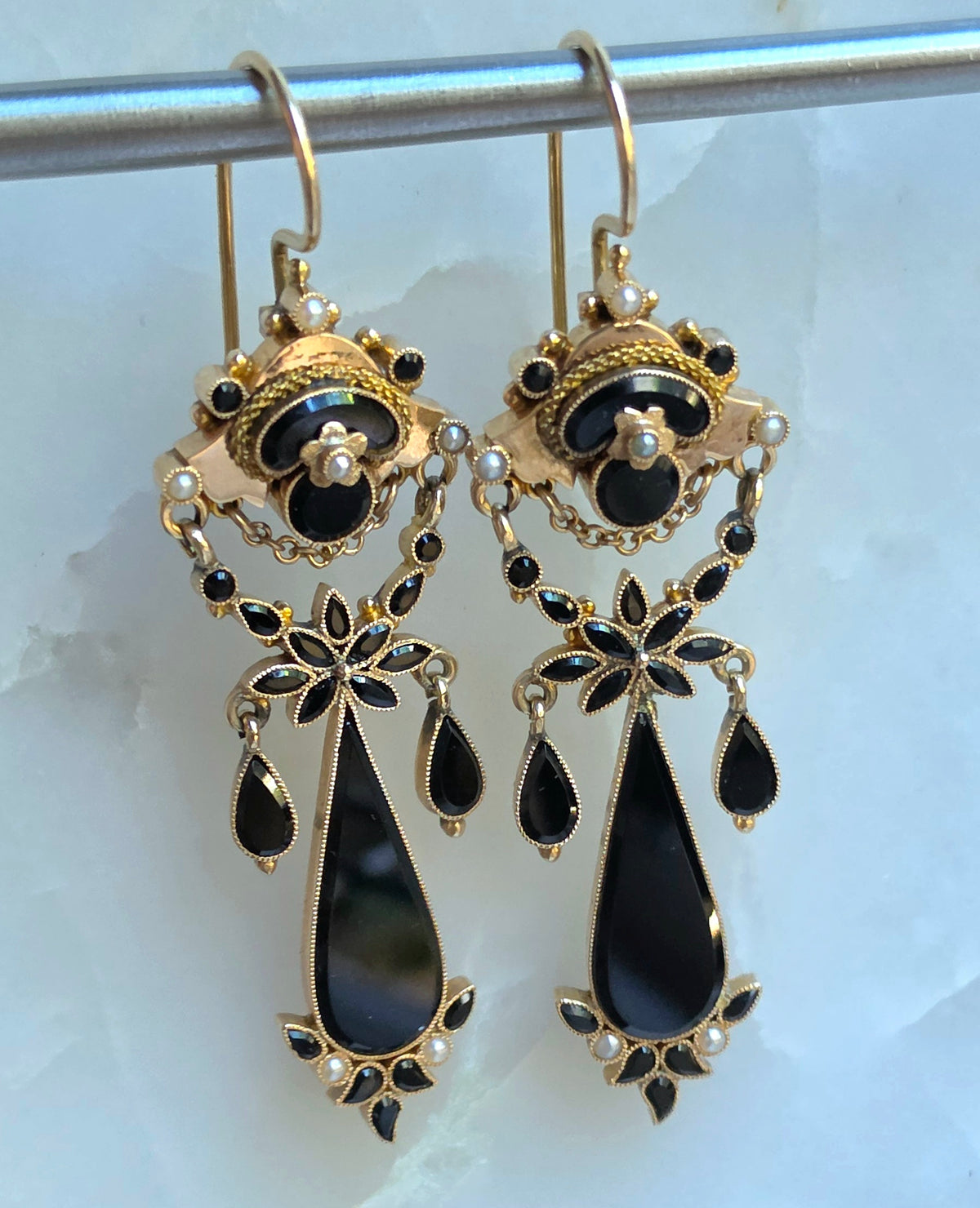 Antique Victorian Onyx and Seed Pearl Chandelier Earrings