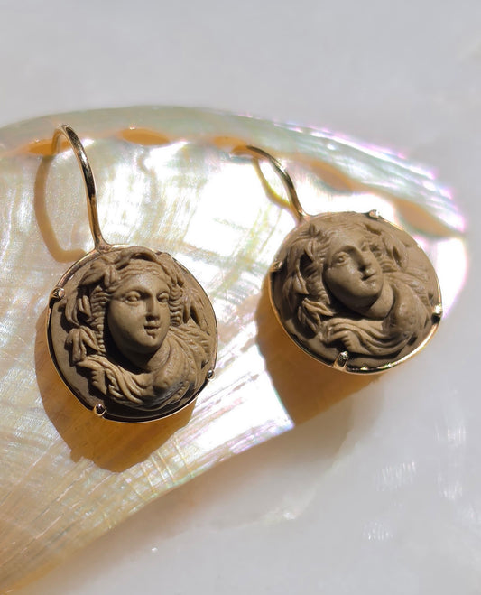 Antique Victorian Carved Lava Bacchante Cameo Earrings