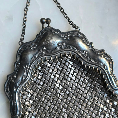 Antique Edwardian Art Nouveau Sterling Silver Mesh Chatelaine Purse