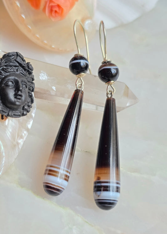 Antique Victorian Carved Banded Agate Torpedo Drop Earrings