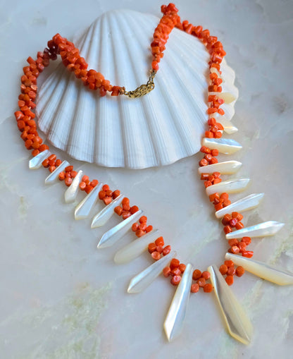 Antique Victorian Mediterranean Coral and Mother of Pearl "Pickets and Berries" Necklace