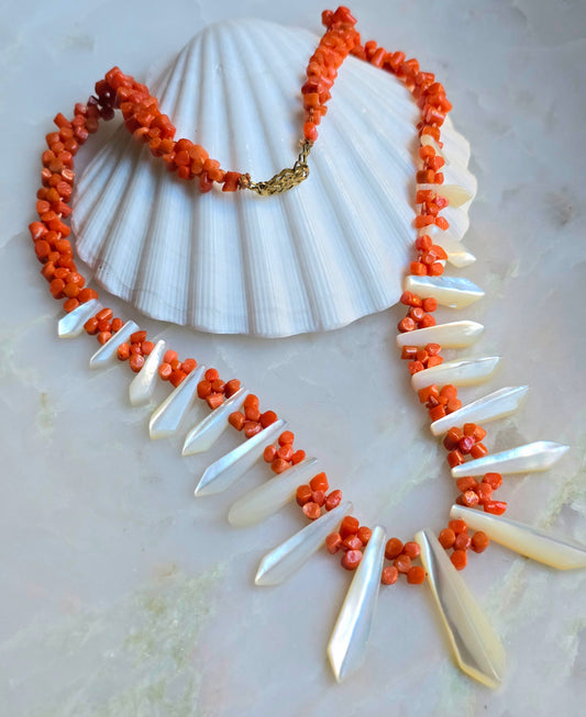 Antique Victorian Mediterranean Coral and Mother of Pearl "Pickets and Berries" Necklace