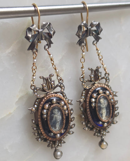 Restored Antique Georgian Louis XVI Style Seed Pearl and Grisaille Enamel Cupid Earrings