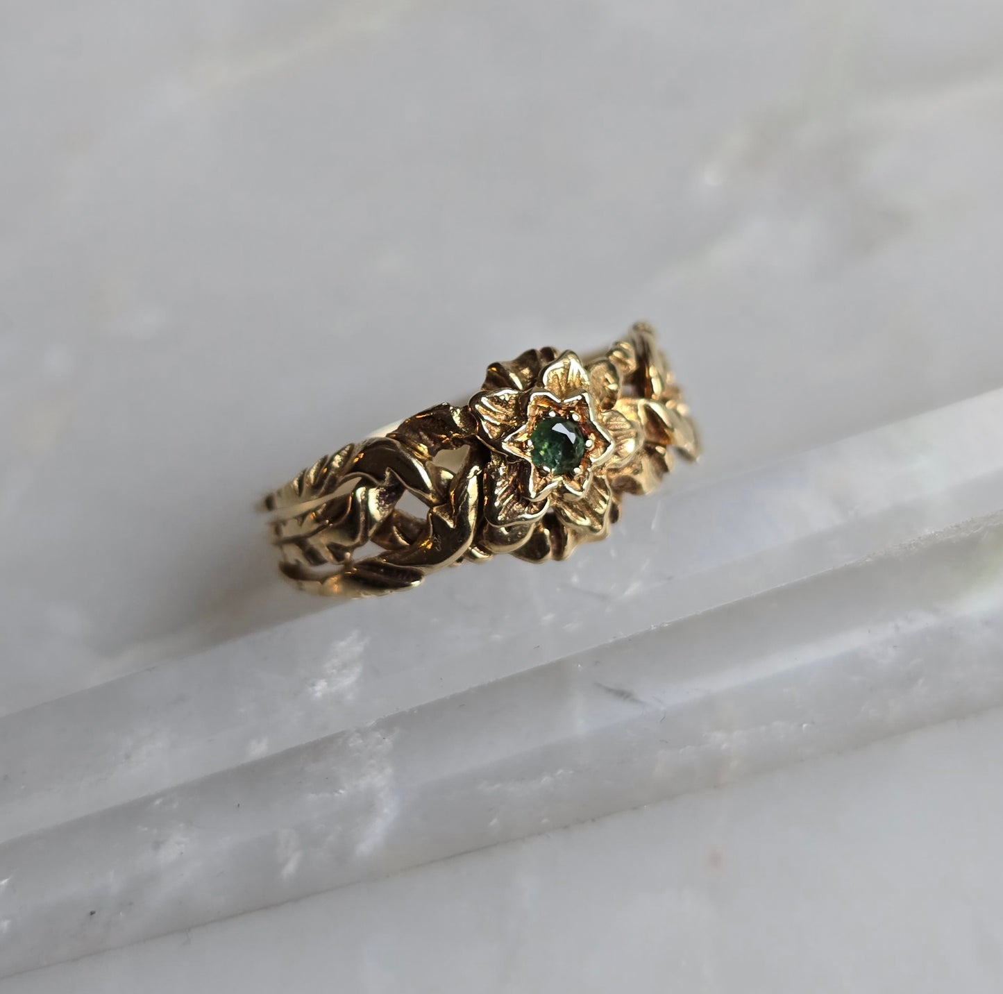 Vintage Turkish 14k Floral Emerald Puzzle Ring