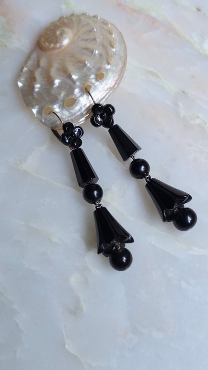 Antique Victorian Carved Jet and Vulcanite Bellflower Day to Night Earrings