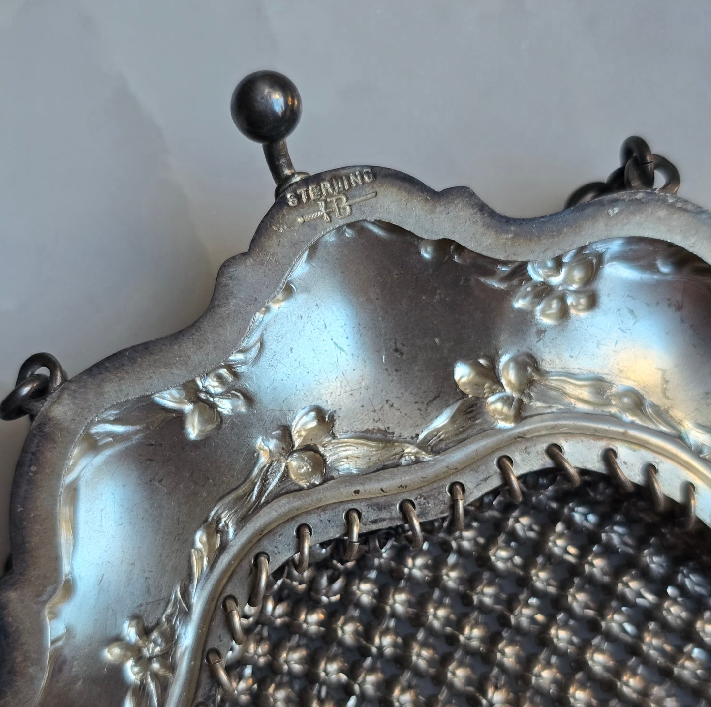 Antique Edwardian Art Nouveau Sterling Silver Mesh Chatelaine Purse