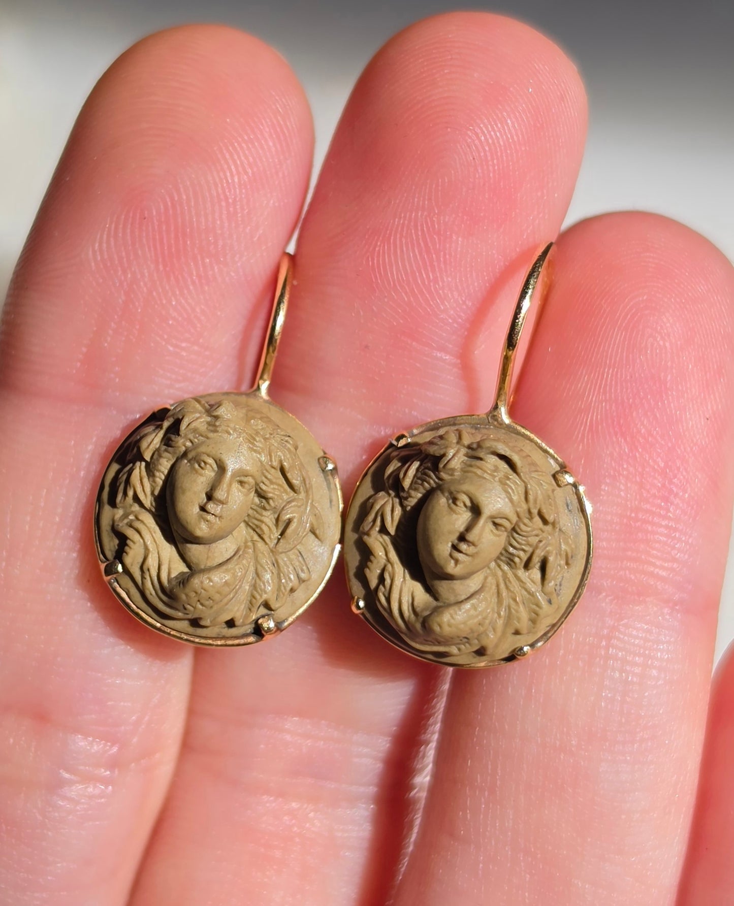 Antique Victorian Carved Lava Bacchante Cameo Earrings