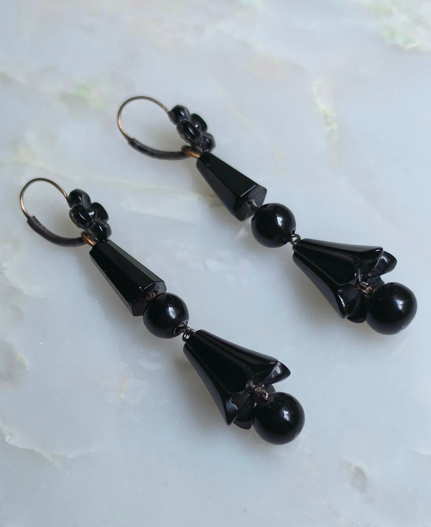 Antique Victorian Carved Jet and Vulcanite Bellflower Day to Night Earrings