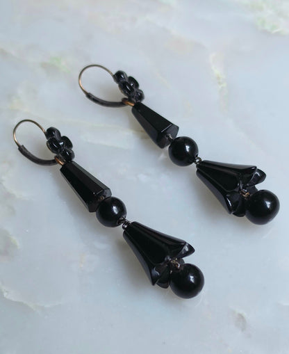 Antique Victorian Carved Jet and Vulcanite Bellflower Day to Night Earrings