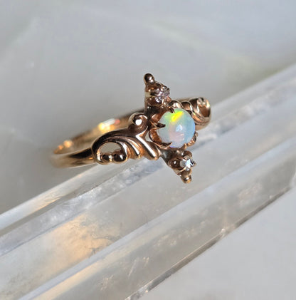 Antique Victorian 14k Rose Gold, Opal and Rose Cut Diamond Ring