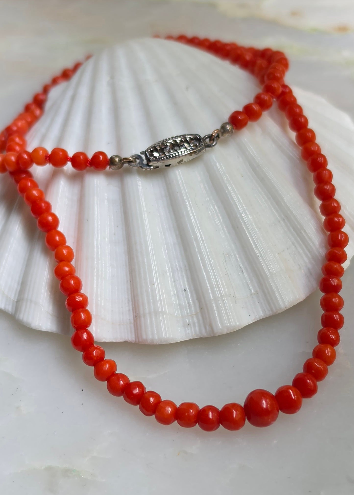 Antique Edwardian Red Mediterranean Coral Graduated Bead Necklace