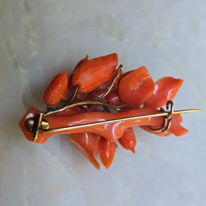 Antique Victorian Carved Mediterranean Coral Acorn, Roses and Leaves Brooch with Pendant