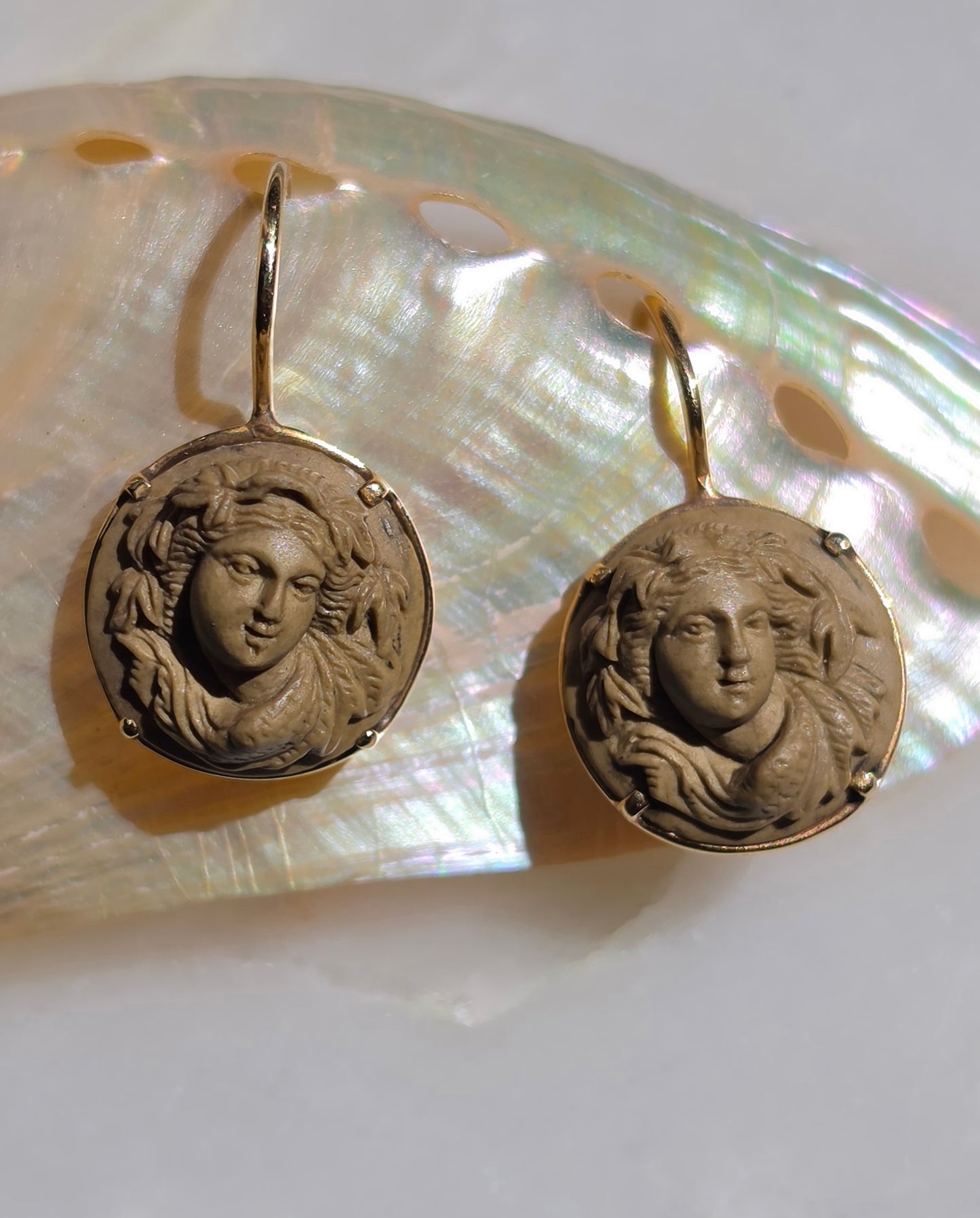 Antique Victorian Carved Lava Bacchante Cameo Earrings