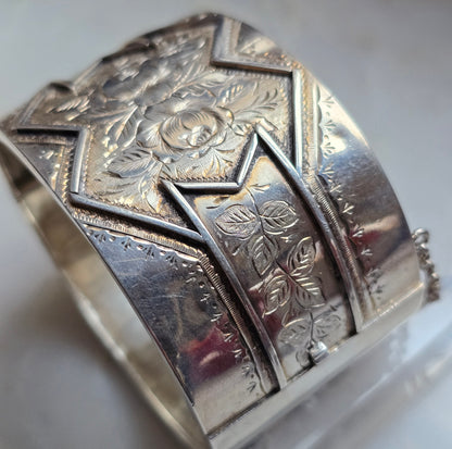 Antique Victorian Sterling Silver Engraved Aesthetic Movement Bangle