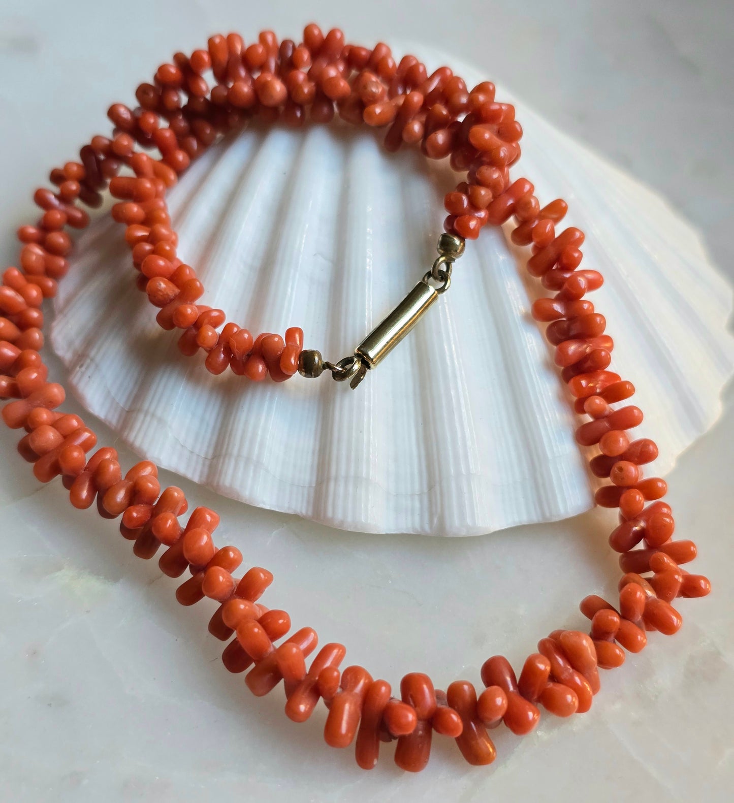 Antique Victorian Mediterranean Coral Carved "Dogbone" Bead Necklace