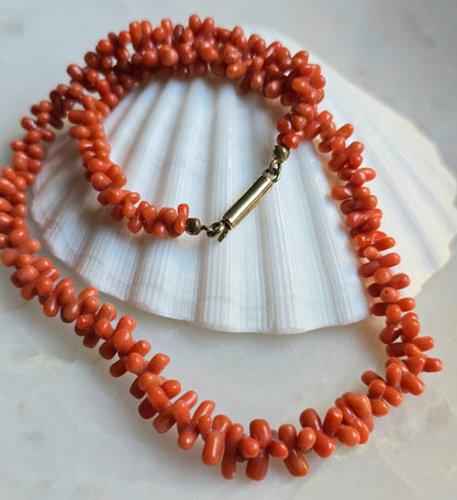 Antique Victorian Mediterranean Coral Carved "Dogbone" Bead Necklace