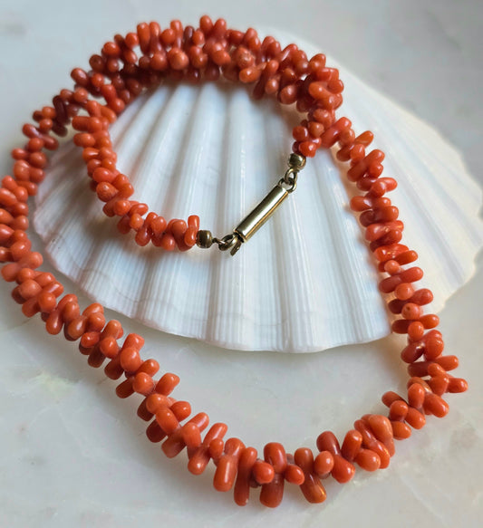 Antique Victorian Mediterranean Coral Carved "Dogbone" Bead Necklace