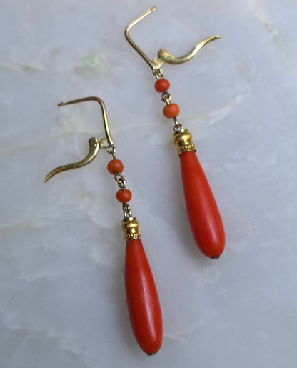 Antique Mediterranean Coral Drop Earrings