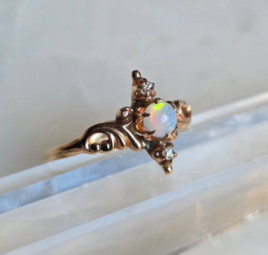 Antique Victorian 14k Rose Gold, Opal and Rose Cut Diamond Ring