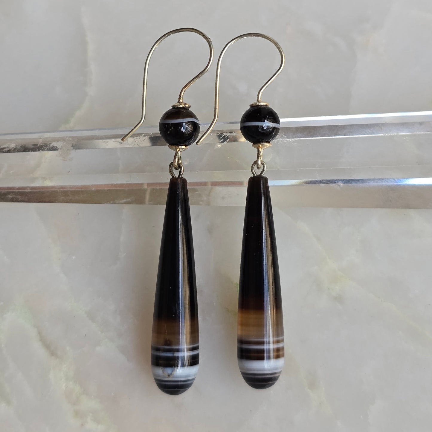 Antique Victorian Carved Banded Agate Torpedo Drop Earrings