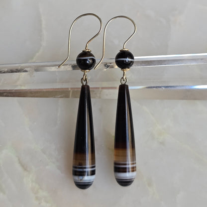 Antique Victorian Carved Banded Agate Torpedo Drop Earrings