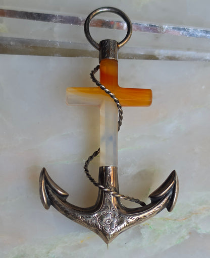 Antique Scottish Agate Anchor "Hope" Pin