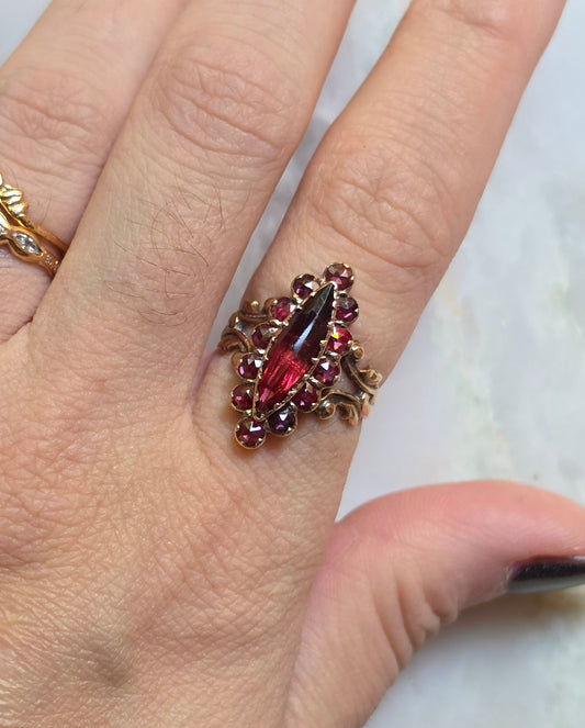 Antique 18k French Perpignan Garnet Navette Ring