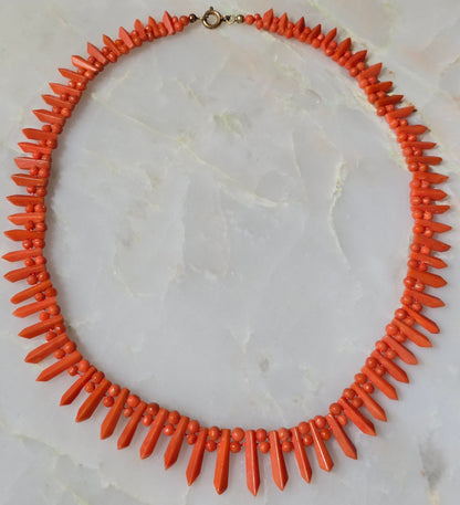 Antique Victorian Carved Mediterranean Coral "Pickets and Berries" Necklace