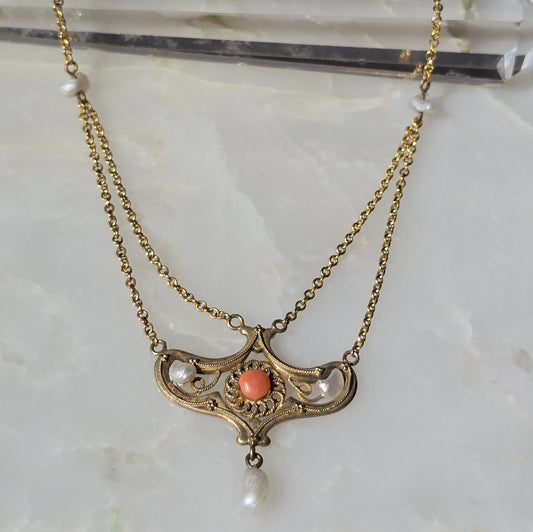 Antique Edwardian Coral and Pearl Festoon Necklace