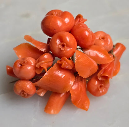 Antique Carved Coral Flowers And Fruit Pin