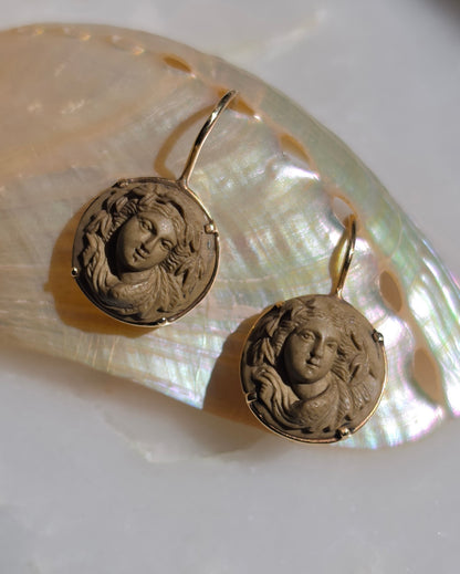 Antique Victorian Carved Lava Bacchante Cameo Earrings
