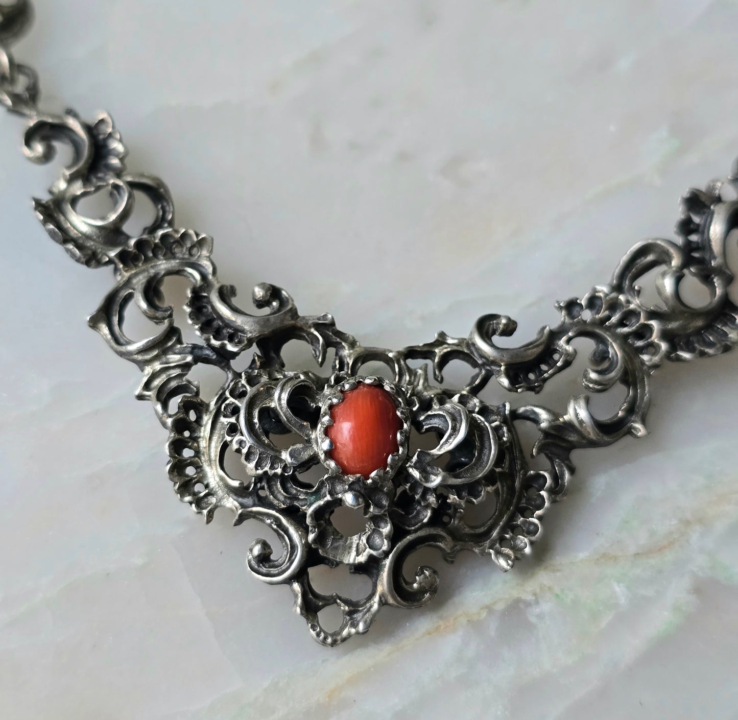 Antique Art Nouveau Austrian Silver and Coral Necklace