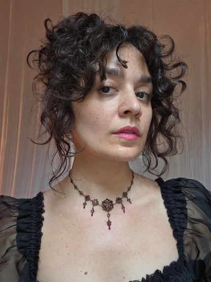 Antique Victorian Bohemian Garnet Flower Necklace