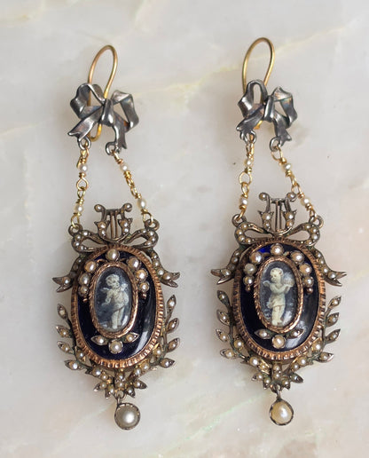 Restored Antique Georgian Louis XVI Style Seed Pearl and Grisaille Enamel Cupid Earrings