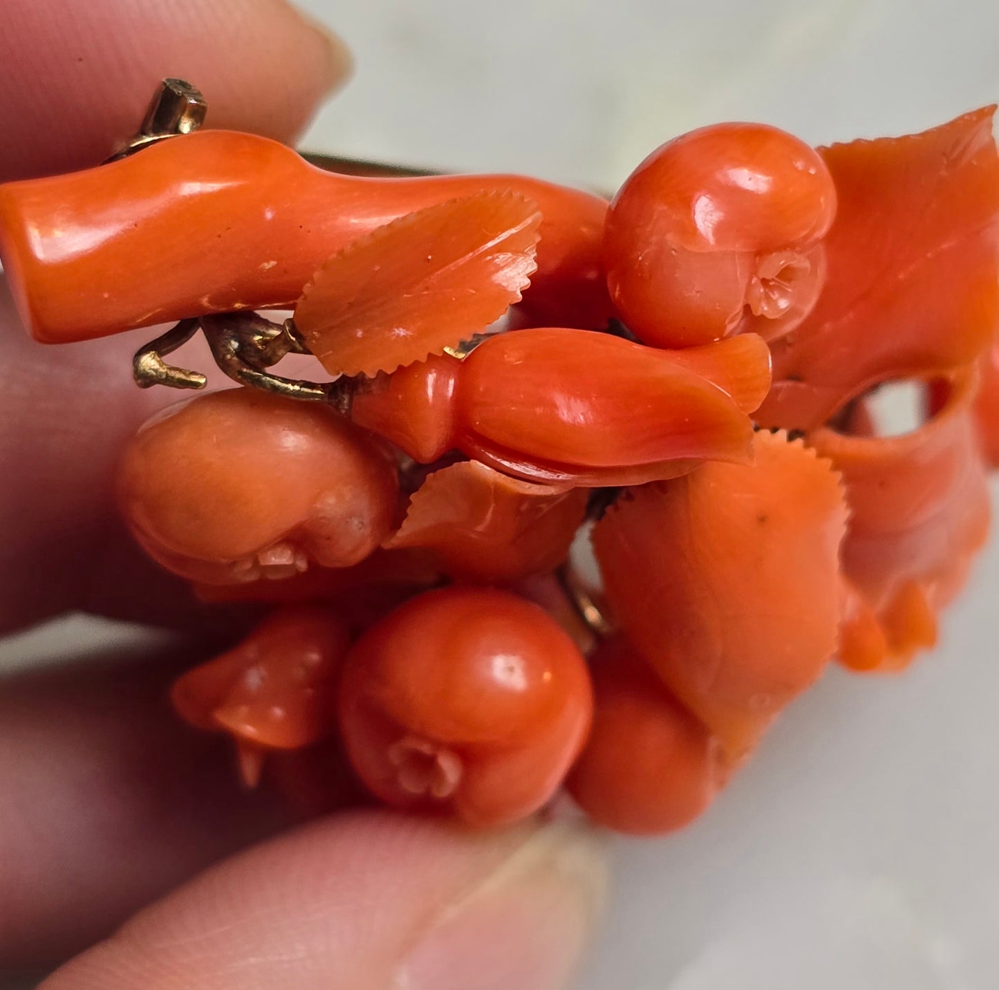 Antique Carved Coral Flowers And Fruit Pin