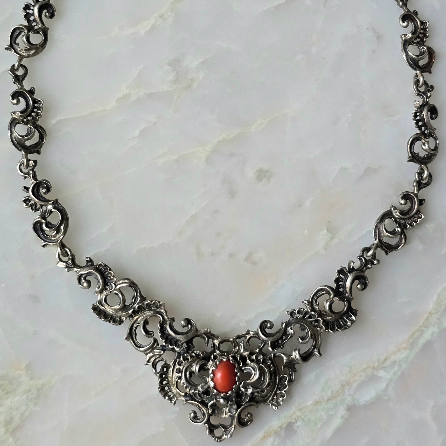 Antique Art Nouveau Austrian Silver and Coral Necklace
