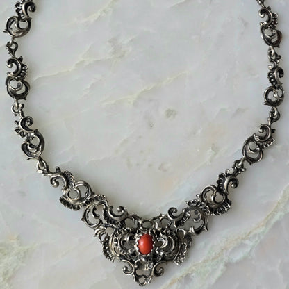 Antique Art Nouveau Austrian Silver and Coral Necklace