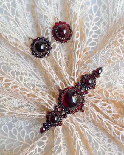 Antique Victorian Bohemian Garnet Earrings and Pin Demi Parure