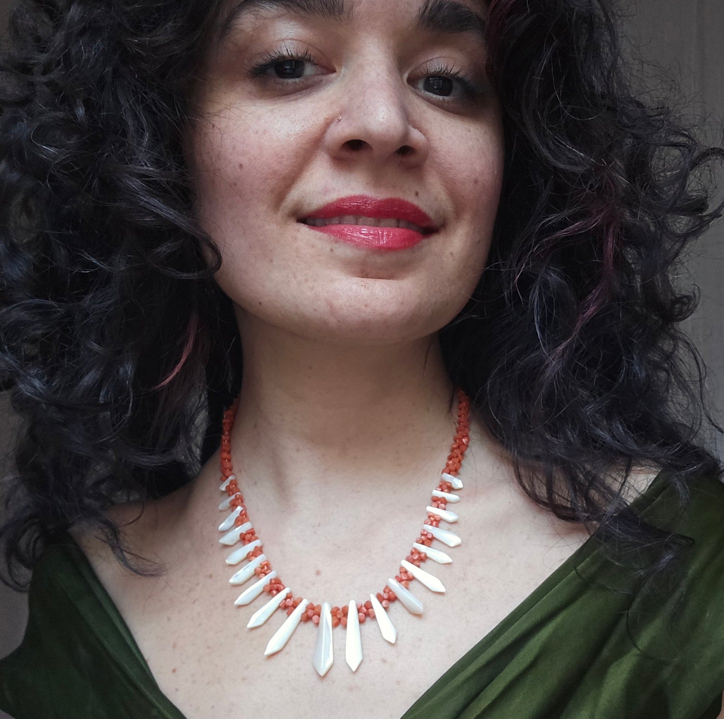 Antique Victorian Mediterranean Coral and Mother of Pearl "Pickets and Berries" Necklace