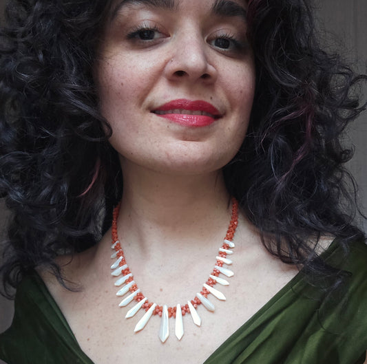 Antique Victorian Mediterranean Coral and Mother of Pearl "Pickets and Berries" Necklace