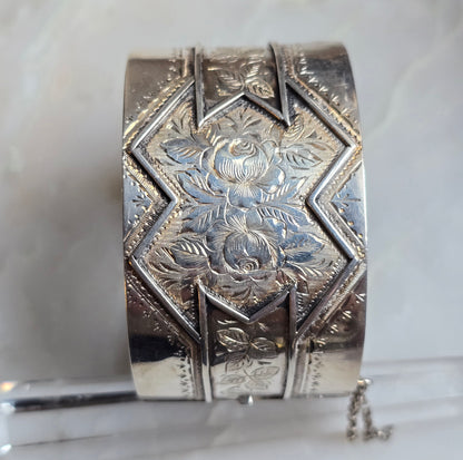 Antique Victorian Sterling Silver Engraved Aesthetic Movement Bangle