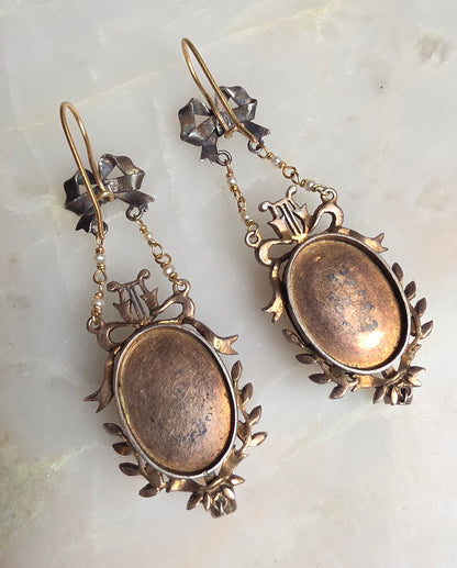 Restored Antique Georgian Louis XVI Style Seed Pearl and Grisaille Enamel Cupid Earrings