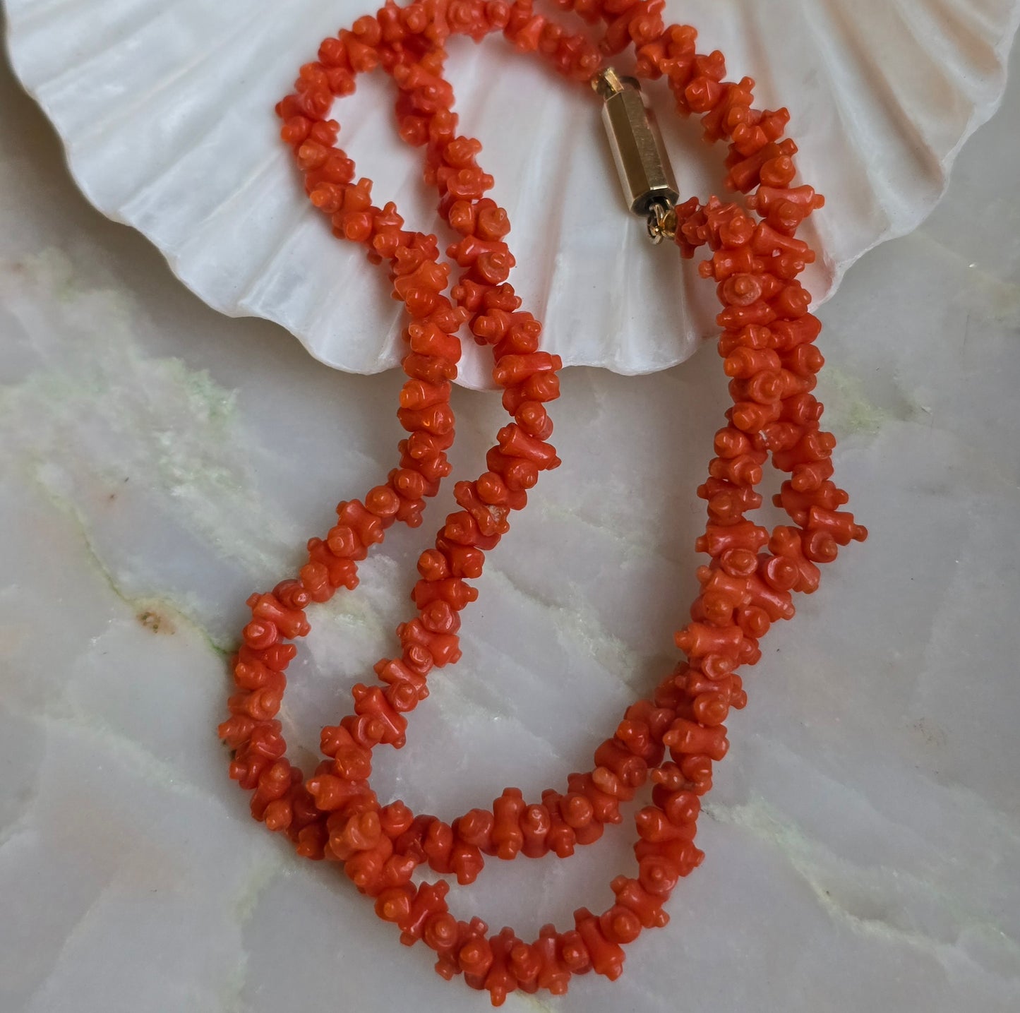 Antique Georgian/Regency Carved Coral "Rolling Pin" Necklace