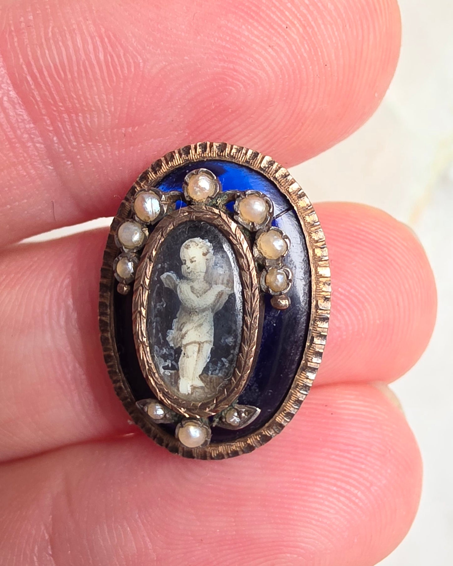 Restored Antique Georgian Louis XVI Style Seed Pearl and Grisaille Enamel Cupid Earrings