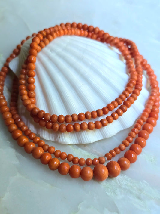 Antique Victorian Opera Length Graduated Mediterranean Coral Strand