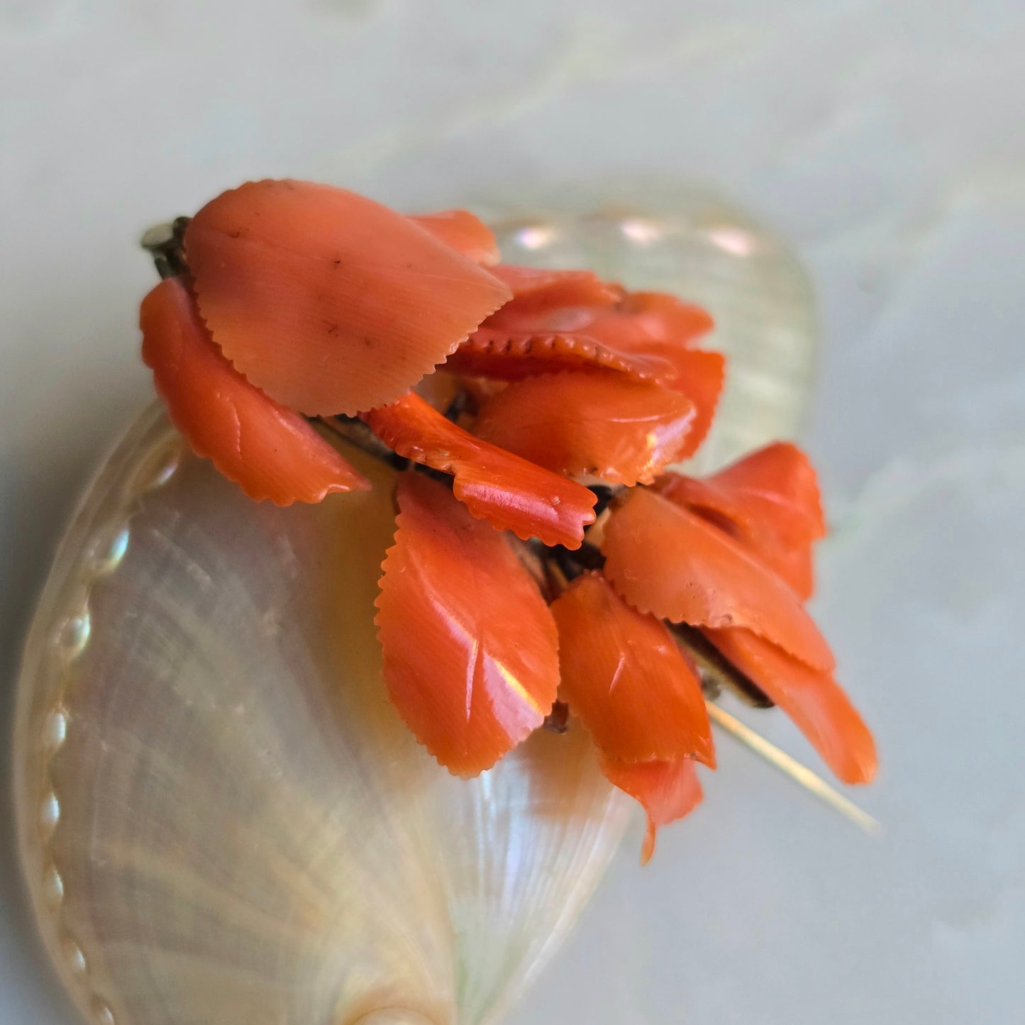 Antique Victorian Carved Coral Leaf Brooch