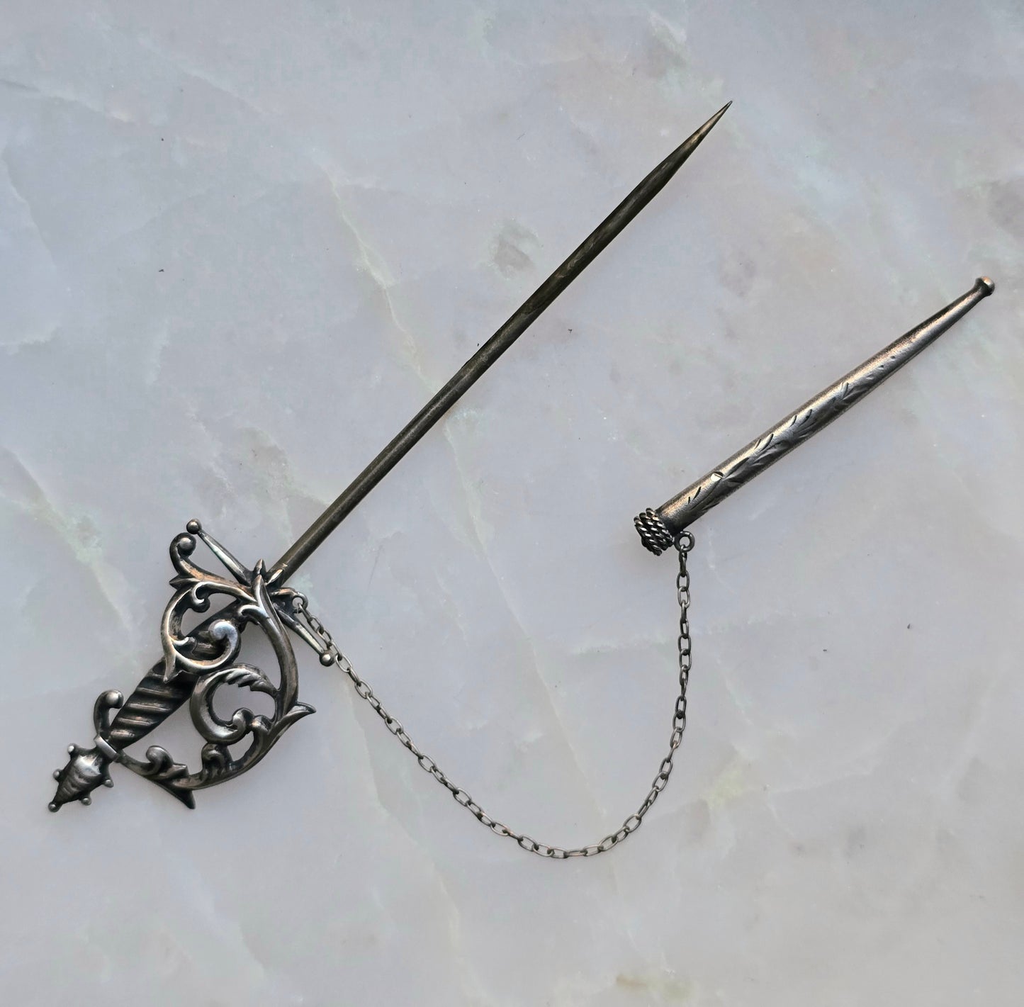 Antique Edwardian Sterling Silver Sword Jabot Pin