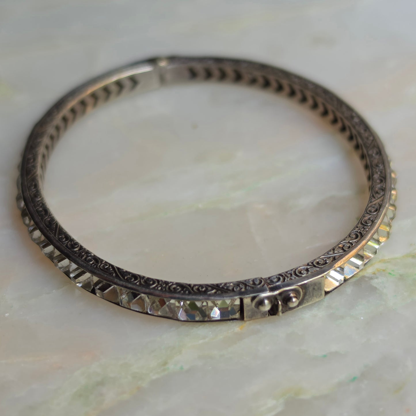 Antique Art Deco Silver and Hand Cut Paste Bangle