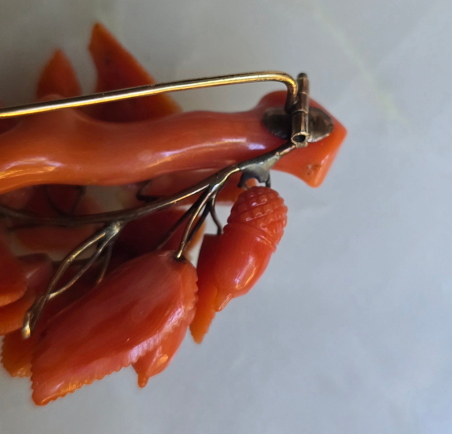 Antique Victorian Carved Mediterranean Coral Acorn, Roses and Leaves Brooch with Pendant