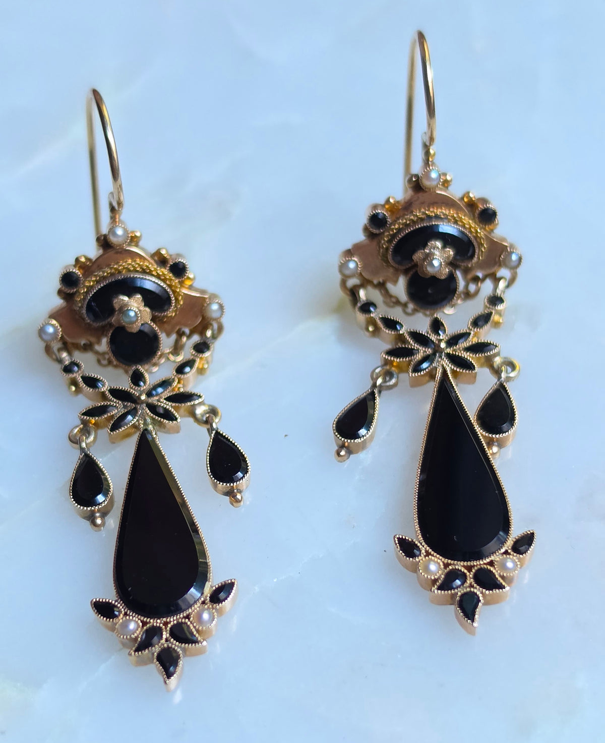 Antique Victorian Onyx and Seed Pearl Chandelier Earrings